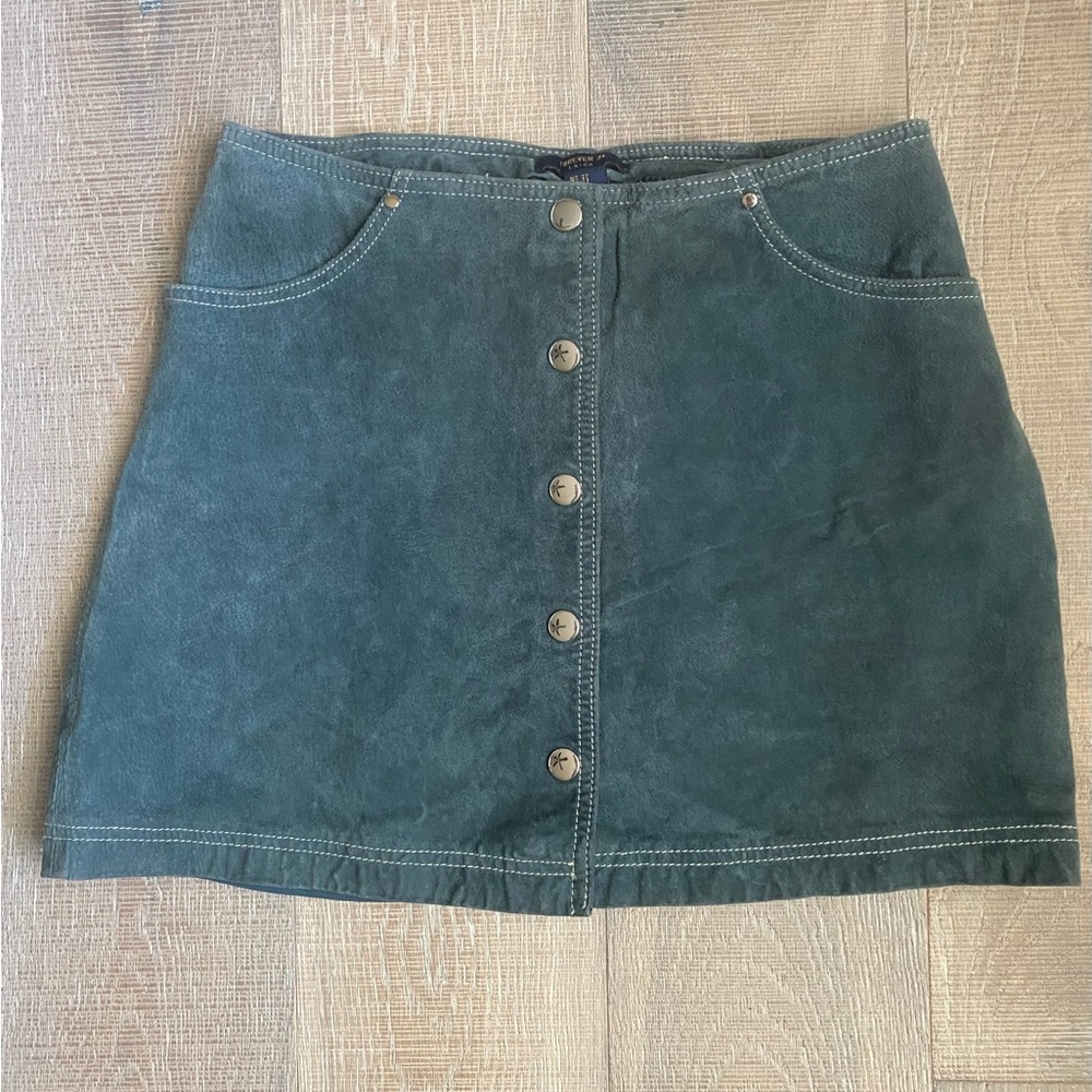 Forever 21 blue green leather mini skirt with button front